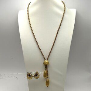 Vintage Hobe Gold Mesh Lariat Necklace Shell Clip Earring Set 1960s Signed